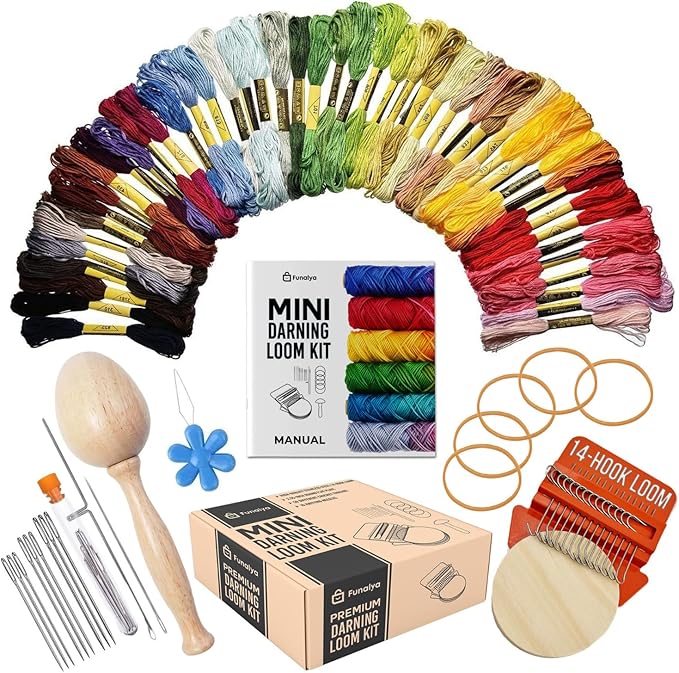 Funalya Mini Loom & Darning Kit with 14 Hooks, 10 Knitting Needles, 50 Colors Thread, DIY Sock Mending Tool, Complete Mini Loom & Darning Kit with Guide (Orange)