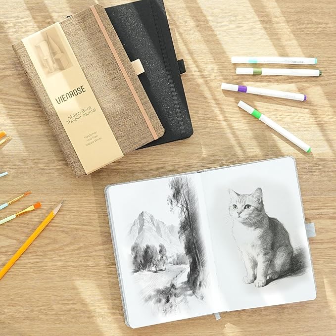 Vienrose 8.7"x5.7" Sketch Books, Linen Cover Hardbound Sketching Book with Acid-Free Paper, Drawing Pad for Kids, Beginners & Professionals, Art Supplies for Adults & Students(Brown, 60 Sheets)