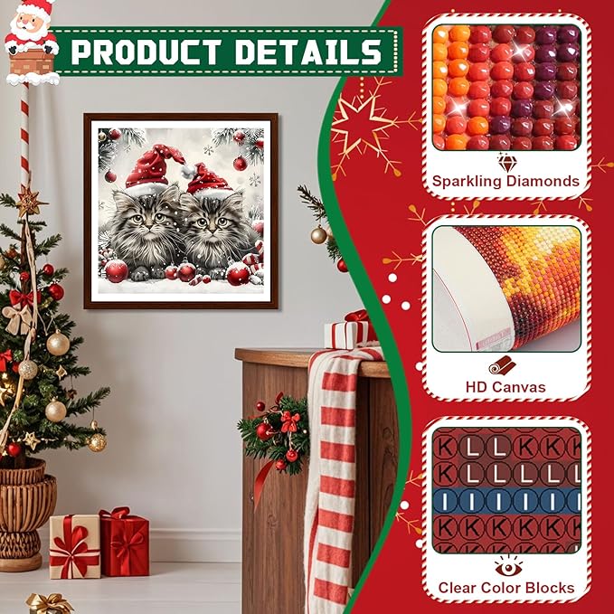 EMIEAUFG Christmas Diamond Art Kits for Adults, Christmas Cat Diamond Paiting Kit for Beginners, 5D DIY Round Full Drill Craft Diamond Dot Gem Art, Home Wall Decor 12" x 12"