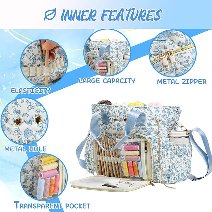 SilTriangle Large Blue Floral Quilted Crochet Knitting Bags and Totes Organizer Cotton Yarn Hook Bag Holder Christmas Corduroy Gift for Crochet Lover Crocheting Accessories, Needle with Zipper, Size L
