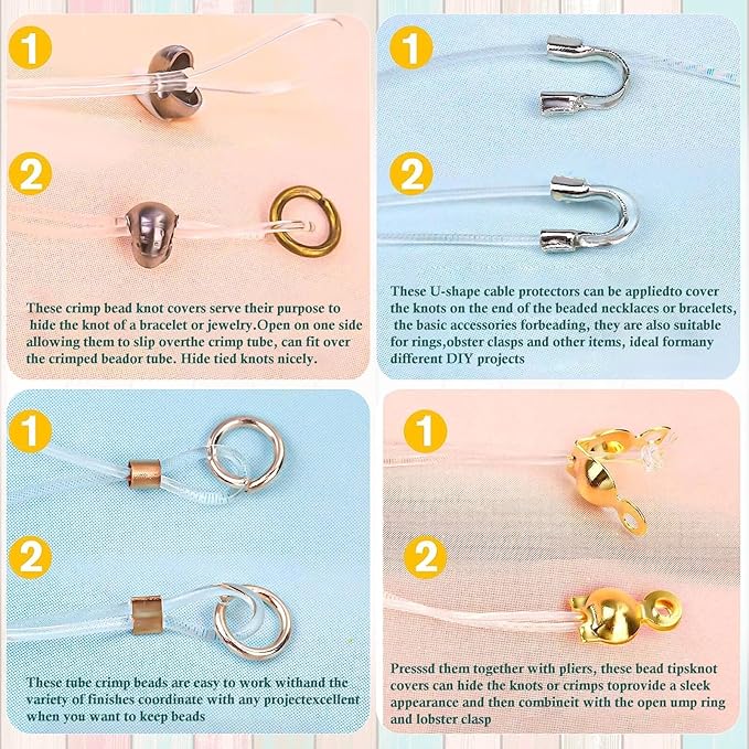 Acejoz 2160 Pieces Crimp Beads Kit for Jewelry Making, Incliding Knot Covers, Crimp Bead Covers, Crimp Tubes, Jump Rings,Wire Guardians, Crimping Pliers, Elastic String for Bracelets Necklaces Making