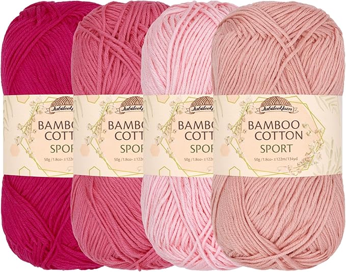 JubileeYarn Bamboo Cotton Sport Yarn - 50g/Skein - Shades of Pink - 4 Skeins