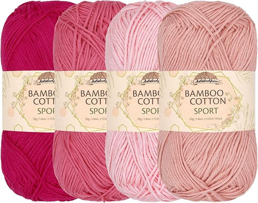 JubileeYarn Bamboo Cotton Sport Yarn - 50g/Skein - Shades of Pink - 4 Skeins