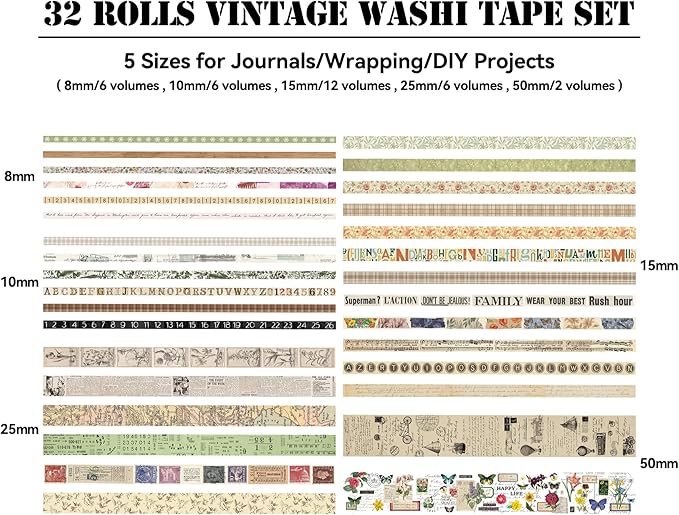Vintage Washi Tape Set for Scrapbooking & Journaling - 32 Rolls Floral, Cute Decorative Tapes with Assorted Widths, Retro Aesthetic DIY Gift for Bible, Bullet, Junk Journal Supplies (Christmas Tape)