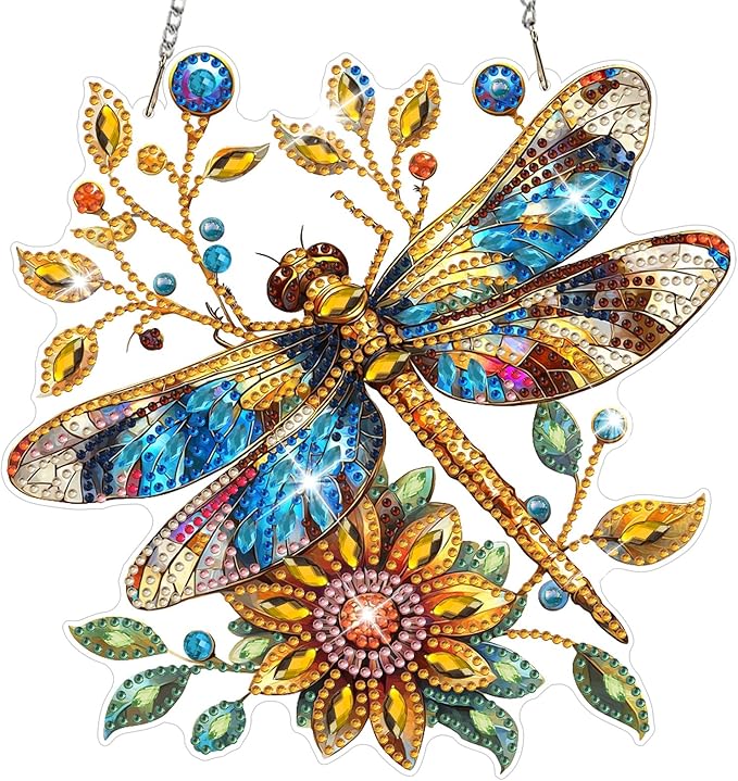 NAIMOER Diamond Art Hanging Kits for Adults Dragonfly 5D Special Shaped Rhinestone, DIY Acrylic Diamond Art Painting Window Pendants Home Garden Wall Hanging Ornament Kits, Double Sided