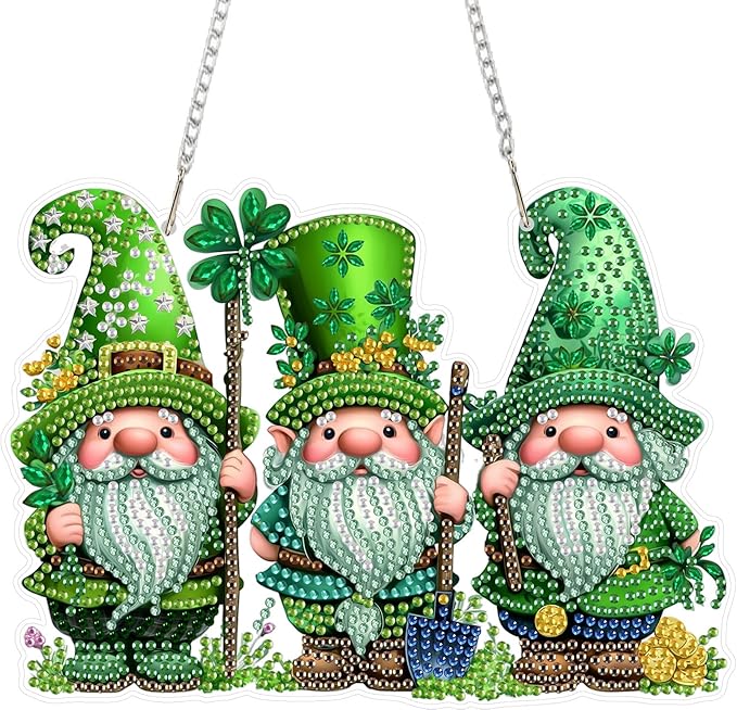 MEIYUDA St. Patrick's Day Hanging Diamond Art Kits for Adult, Four-Leaf Clover Gnomes Diamond Painting Kit Ornaments, DIY Special Shaped Rhinestone Window Pendants Kit for Home Wall Decor Gift