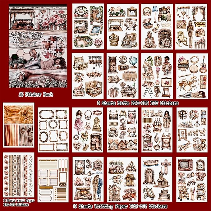 Vintage Scrapbook Stickers for Junk Journaling, 20 Sheets A5 Size Scented Wood Moment Theme Precut Sticker Book, Ephemera for Junk Journals Supplies, Scrapbooking, Scrap Book, Collage, Crafts Arts