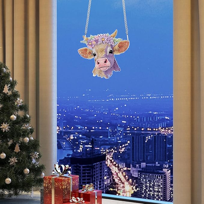 Cow Head Diamond Painting Hanging Kit, 5D DIY Acrylic Pendant with Special Shaped Crystal Rhinestones, Animal Art Ornament for Wall, Door or Window Decoration, Handmade Craft Gift for Adults