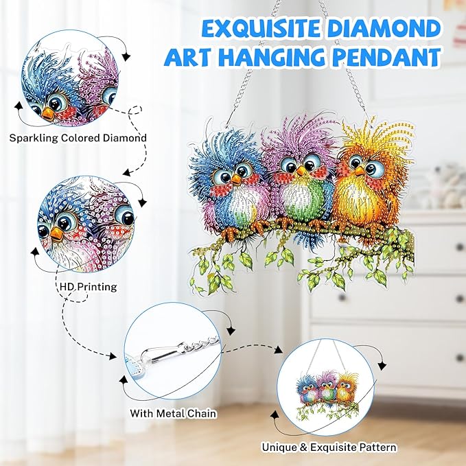 Bowetile Birds Diamond Art Hanging Kits for Adults, 5D Special Shape Diamond Painting Window Pendant Kits, Animal Gem Art Suncatchers Painting Ornament for Home Garden Wall Decor