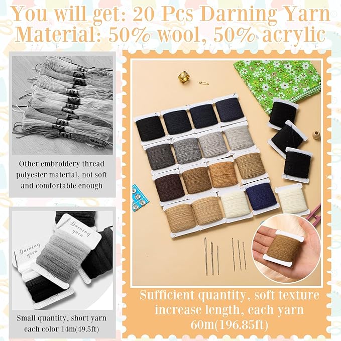Jexine 20 Pcs Darning Thread 50% Wool 50% Acrylic Yarn 1200m Darning Kit with 24 Pcs Large Eye Sewing Needles for Clothes Socks Plush Toy Adults DIY Home Sewing Care, 60 Meters Per Yarn(Dark Color)