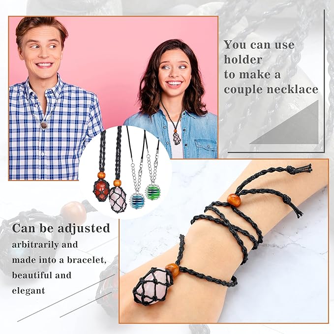 Shappy 66 Pieces Crystal Necklace Holder Empty Stone Holder Spiral Bead Cages Pendants with Adjustable Cord Fish Netted Rope Black Waxed Necklace Cord for Rock Jewelry Making Crafting Finding