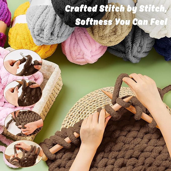 Inhand 8 Pack Chunky Chenille Yarn for Crocheting–30.6 Yards, 7.7oz, Soft Fluffy Thick Yarn,Gifts for Men/Women Birthday Christmas Unique,Hand Knitting for Blankets&DIY Crafts (Coffee)