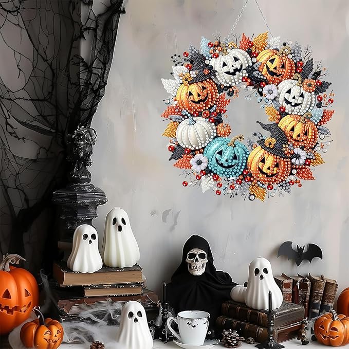 Diamond Art Hanging Kits for Adult, Pumpkin Wreath Diamond Art Crafts Decor, 5D DIY Acrylic Diamond Art Painting Ornaments, Window Pendants Wall Hanging Kits for Home Garden
