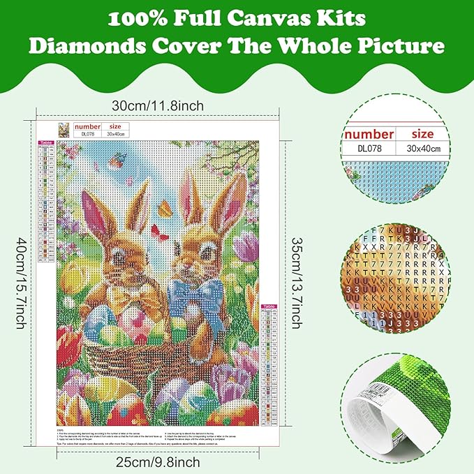 SENQAO Rabbit Diamond Art Kits for Adults, Easter Diamond Painting Kit for Beginners, Round 5D DIY Diamond Dots Art, Full Drill Painting Kit Art and Crafts for Adults Home Wall Decor 12x16inch