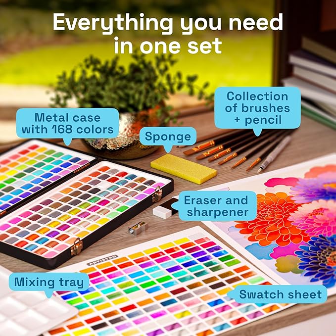 ARTISTRO 168 Color Watercolor Paint Set - Portable Paint Art Kit with Palette and Brush Pens - Travel Water Color Set for Adults, Professionals, Kids - Art and Painting Supplies - Gift Idea