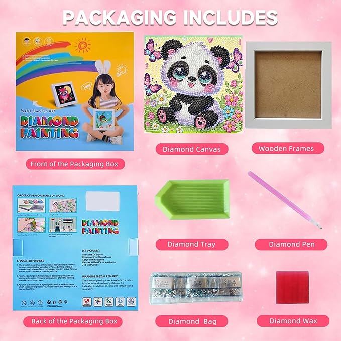 Panda Diamond Art Painting Kits for Kids with Frame, Panda Diamond Art for Kids Ages 4-8-12 with Frame, Easy Small Cute Animal Gem Painting Kit for Gift Home Wall Decoration (7x7 inch)
