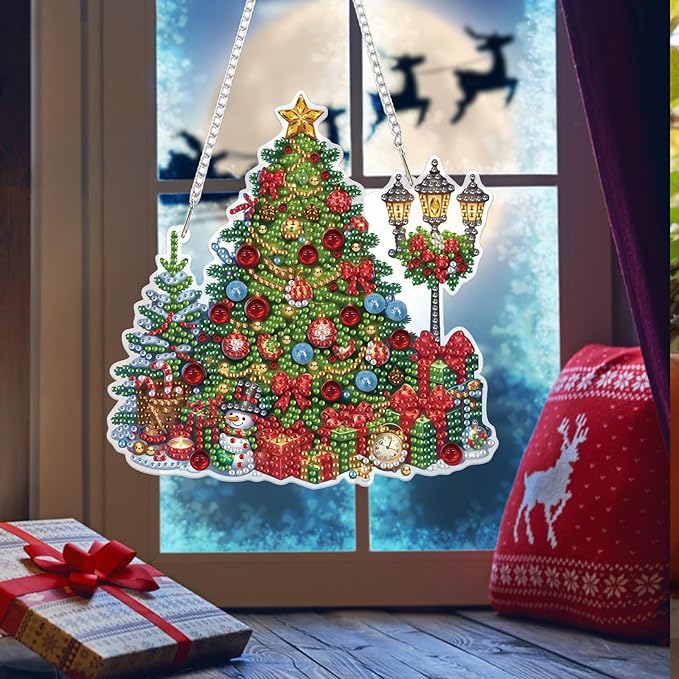 Bowetile Christmas Diamond Art Hanging Kits for Adults, Diamond Art Suncatchers Christmas Tree, 5D Special Shape Diamond Painting Pendant Window Ornament Christmas Gifts for Home Door Wall Decor