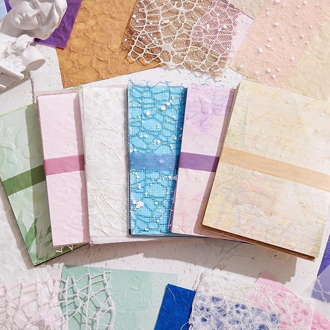 108 Sheets Textured Scrapbook Paper and Mesh Fabric Assorted Set - 6 Pack Mixed Special Paper for Scrapbooking Planner Bullet Junk Journal Supplies Mixed Collage Background 3.9x5.5 Inch