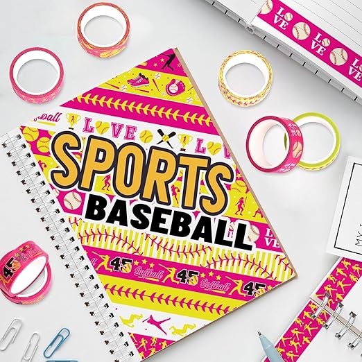 12 Rolls Softball Washi Tape Softball Birthday Party Decorations Sports Ball Masking Tape Set Pink Yellow Decorative Wrapping Paper Tapes for Scrapbook Journal DIY Art Crafts