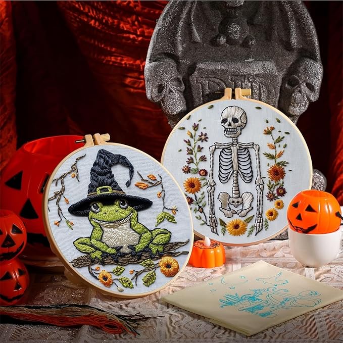 Floral Witch Hat Embroidery Kit Halloween Cross Stitch Material Set with Bat Skull Flower Pumpkin Patterns, DIY Hand Needlepoint Embroidery Craft Kit for Beginners Professional (Witchy Frog)