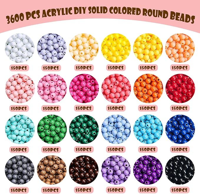 BONNY BOXX 3600Pcs 4mm Candy Color Acrylic Round Beads, 24 Colors Assorted Plastic Bubble Gum Beads with Hole Loose Beads Bulk for Bracelets Necklace Jewelry Making DIY Crafts