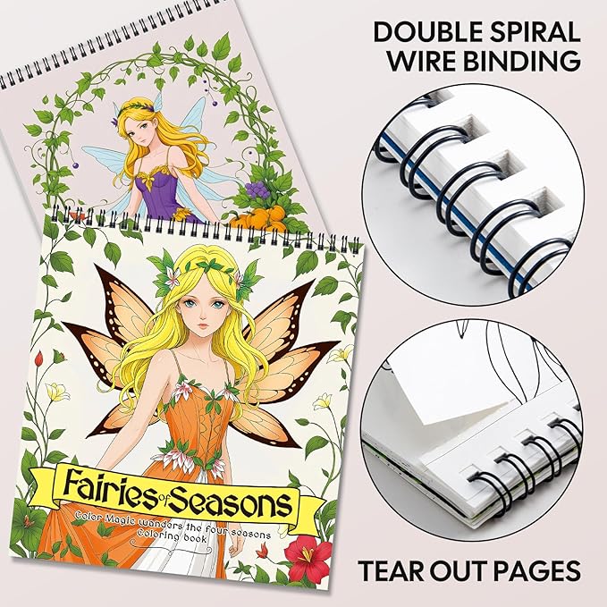 Fairy Coloring Book for Adults Relaxation – Featuring Fairies of Seasons and Magical Scenes Through the Four Seasons, Spiral Bound Adult Coloring Book for Stress Relief & Mindfulness Gift for Women