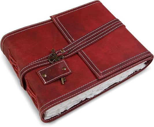 Wanderings Red Leather Watercolor Journal - 6x8 - Genuine Leather Art Journal with Handmade Deckle Edge Paper - 350 GSM Cold Press Paper - Scrapbook, Watercolor Album, Sketchbook, Drawing Pad