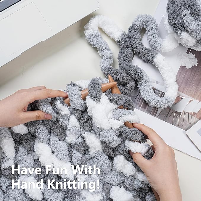 Chunky Yarn for Hand Knitting - #10 Chunky Chenille Blanket Yarn, Jumbo Big Thick Chunky Yarns for Crocheting, Tie Dye Bulky Knit Yarns, 8 Skein (25 yds 8 oz Each Skein), Multi Grey&White