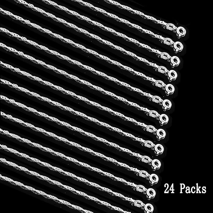 Whaline 24 Pack Silver Plated Chain Necklace 925 Water Ripple Plated Necklace for Jewelry Making Craft, Womens and Girls