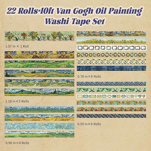 Art Washi Tape Set 22 Rolls, Decorative Masking Tape for Junk Journal, Scrapbooking Supplies, DIY Crafting Supplies