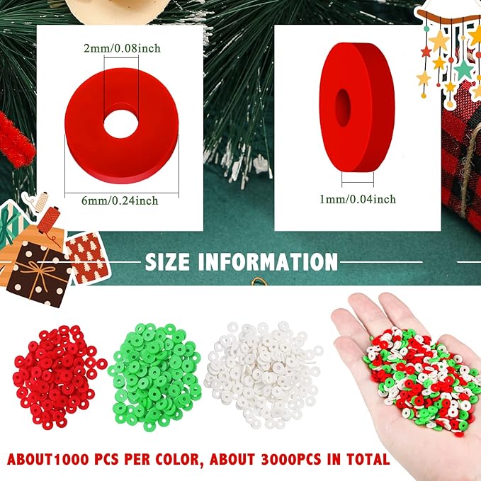 Batiyeer 3000 Pcs Christmas Fall Halloween Clay Beads Set 6 mm Patriotic 4th of July Spacer Beads Winter Polymer Clay Bead for Necklace Earring Bracelet Making(Red, Green, White)