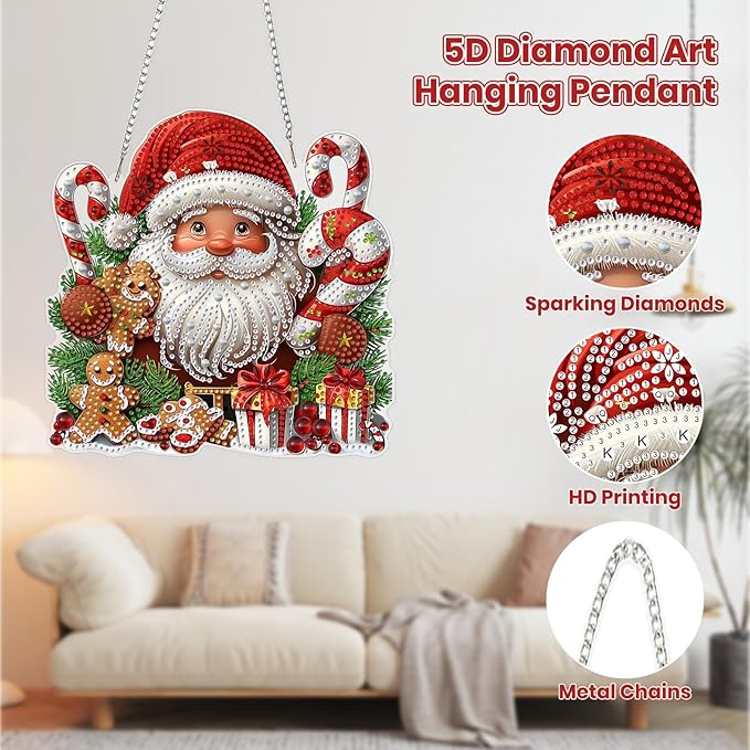 MOGTAA Christmas Diamond Art Hanging Kits for Adults Kids, Santa Claus Diamond Art Suncatchers, 5D Special Shape Diamond Painting Window Pendant Kit for Home Door Wall Decor