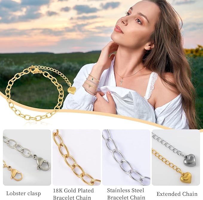 Wurosi 24PCS 6.3Inch Chain Bracelets Kit 18K Gold Plated Charm Bracelet Chains Stainelss Steel Charm Bracelets with Heart Lobster Clasp Extender Chain for Women Jewelry Bracelet Making