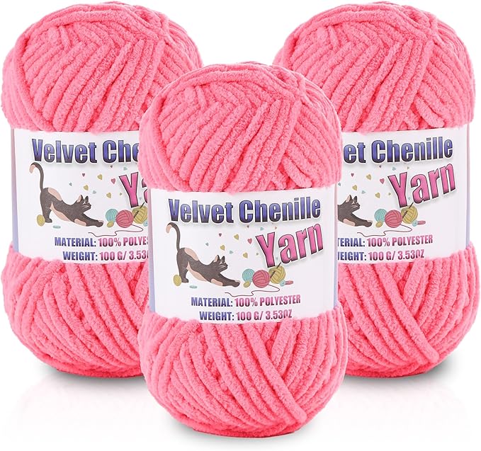 3 * 100g/3.5oz Fluffy Chenille Yarn for Crocheting, Chunky Velvet Yarn for Crochet Amigurumi, Used for Making Baby Yarns Blanket, Clothes, Pattern Knitting Creations (Dark Pink)