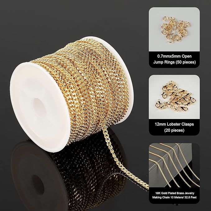 32.8 Feet Curb Cuban Chain for Jewelry Making, 18K Gold Plated Brass Chain Roll with Open Jump Rings and Lobster Clasps Necklace Bracelet DIY Jewelry Chains Bulk