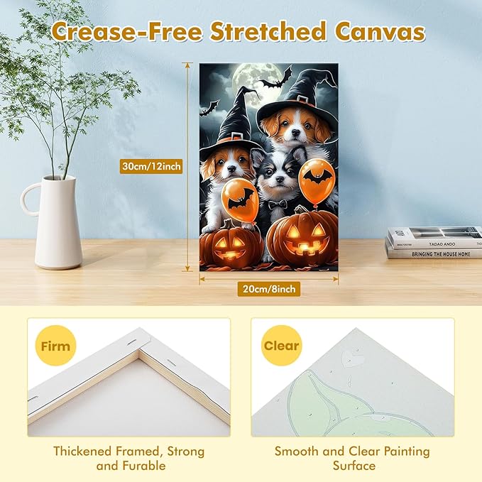 Bowetile Halloween Framed Paint by Numbers for Adults, Adults' Paint-by-Number Dog Kits on Canvas, Easy Acrylic Pumpkin Number Painting Crafts Kits Halloween Gifts for Home Decor, 8x12in
