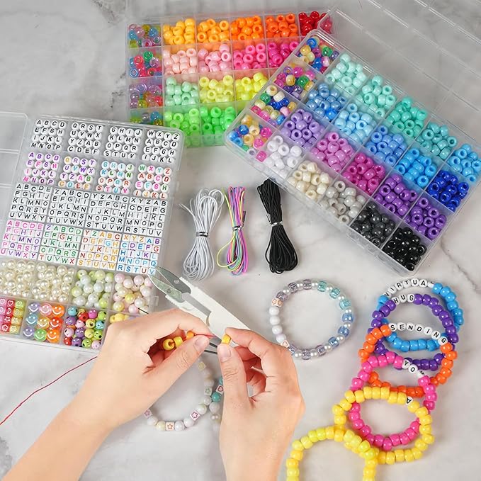 3 Boxes Bracelet Making Kit Pony Beads, 2400Pcs 55 Colors Jewelry Making Supplies for Friendship Bracelets, DIY Crafts with Elastic Cords, Gifts for Girls