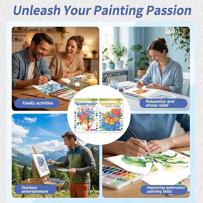 2Pcs Adults Water Coloring Book: 24 Advanced Exquisite Patterns – 100% Cotton 300gsm Paper, A4 Size – for Beginners & Professionals to Enhance & Consolidate Watercolor Techniques (Plant & Butterfly)