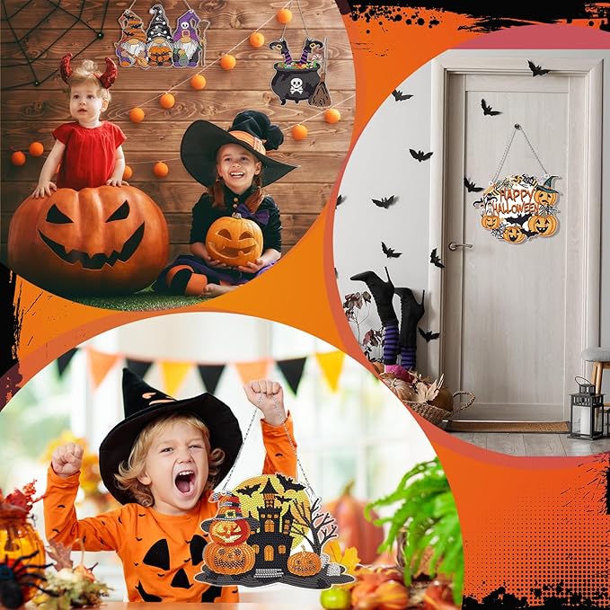 Chitidr 6 Pcs Halloween Diamond Painting Hanging Sign Set Witch Pumpkin Gnome Diamond Art Paint Arts Set 5D DIY Ornaments Kits for Halloween Wall Door Window Decor