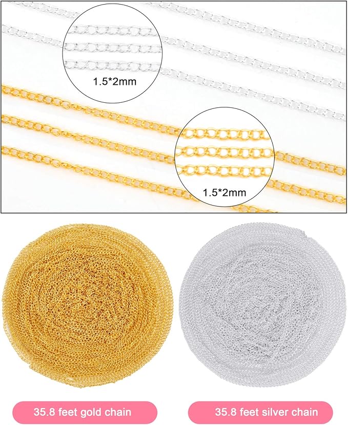 PP OPOUNT 65 Feet Jewelry Chains Necklace Chains 2 mm Jewelry Making Chains with 960 Pieces Jump Rings 40 Pieces Lobster Clasps Jewelry Making Tools (Gold, Silver Total in 65 Feet)