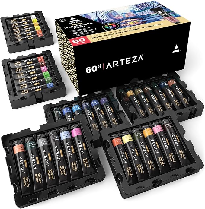 ARTEZA Watercolor Paint Set, 60 Colors, 12 ml Tubes, Highly Pigmented Watercolor Paints for Washes, Layering, Blending, and Mixed Watercolor Techniques