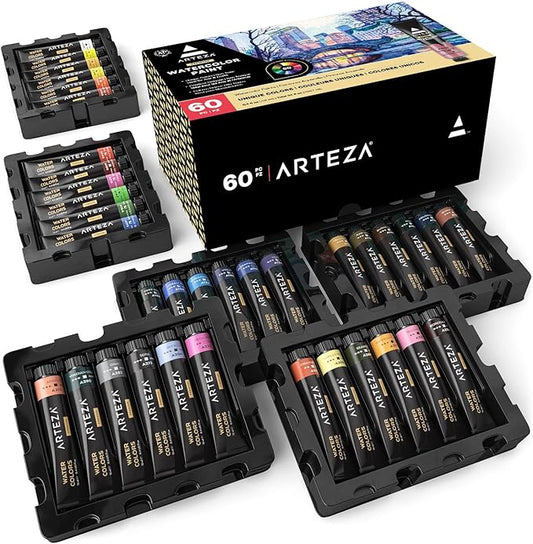 ARTEZA Watercolor Paint Set, 60 Colors, 12 ml Tubes, Highly Pigmented Watercolor Paints for Washes, Layering, Blending, and Mixed Watercolor Techniques