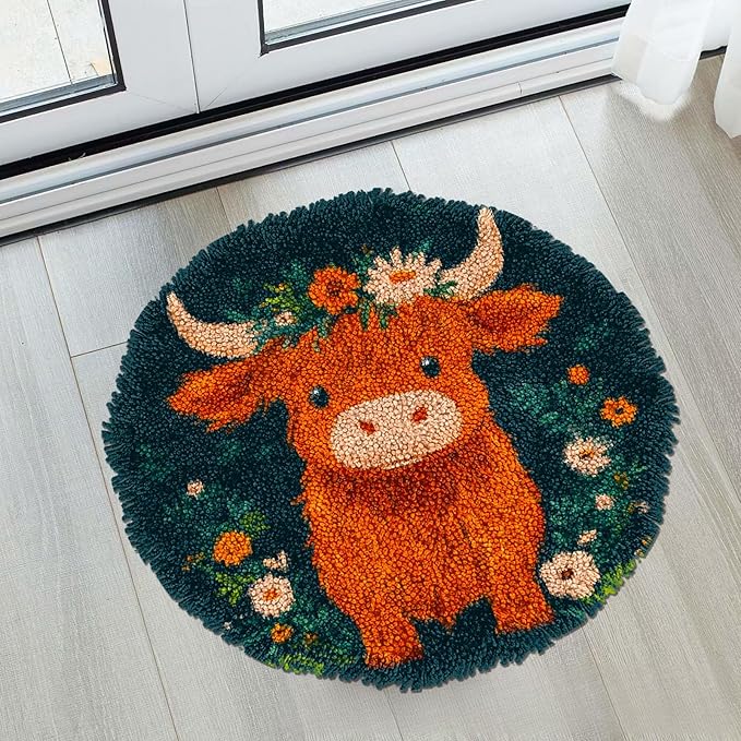 Latch Hook Round Rug Kit Cute Orange Baby Highland Cow Stamped Handmade Round Shape Carpet Crochet Yarn Craft DIY Hook and Latch Door Mat Tapestry Christmas Home Floor Decor 50x50cm-115