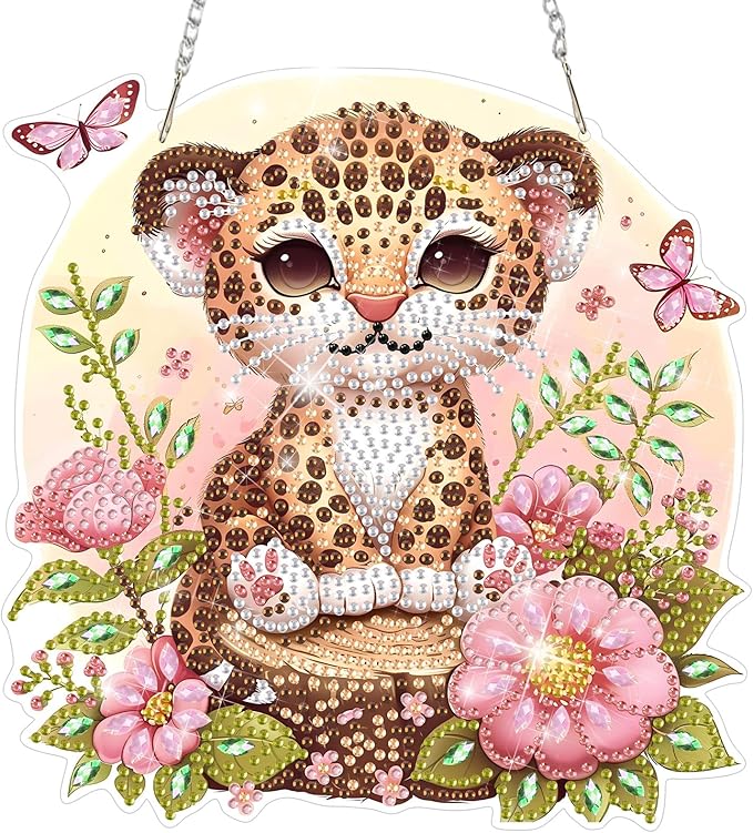 DOMROM Leopard Diamond Art Hanging Kits for Adults, Special Shaped Crystal Diamond Painting Leopard Pendant, DIY Diamond Art Suncatchers Animal for Home Garden Wall Decor Gift