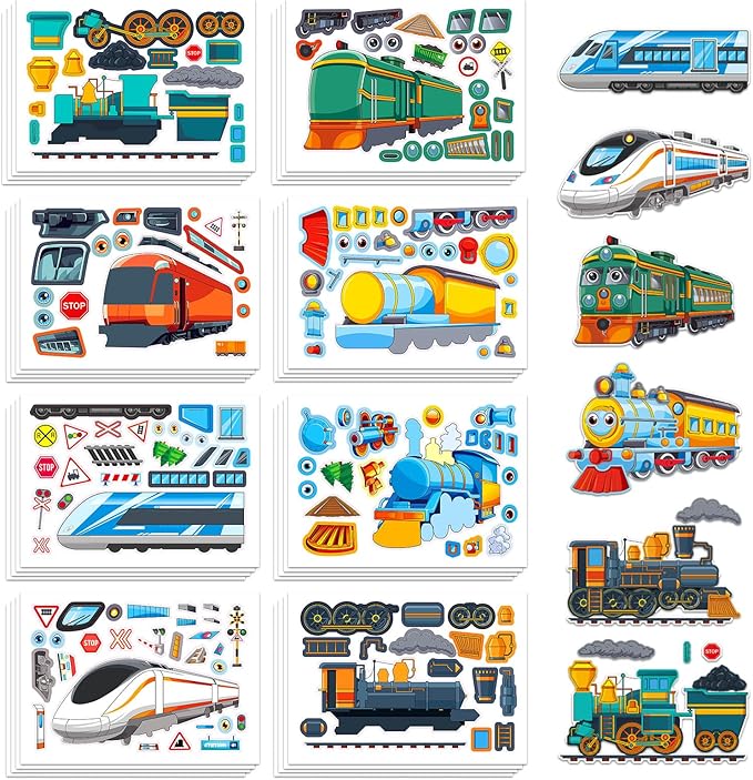 aowplc train stickers for kids – 32 sheets make-a-train mix & match kit – fun party favors & activities