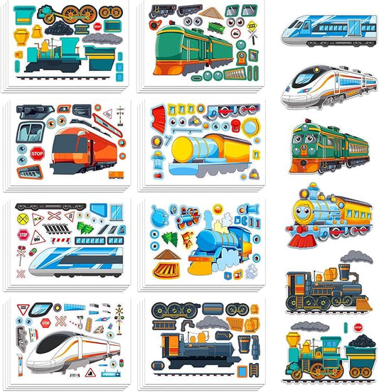aowplc train stickers for kids – 32 sheets make-a-train mix & match kit – fun party favors & activities