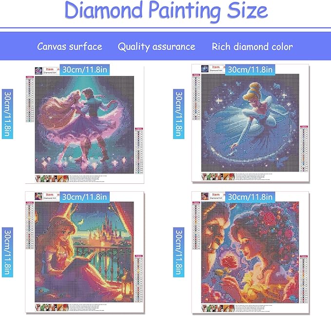 KEYRANKE 4 Pack Diamond Painting Kits for Adults 5D DIY Princess Diamond Art Kit Paint with Round Full Drill Diamonds for Beginners Gem Paintings Art for Home Wall Decor Gifts (12X12 Inch)
