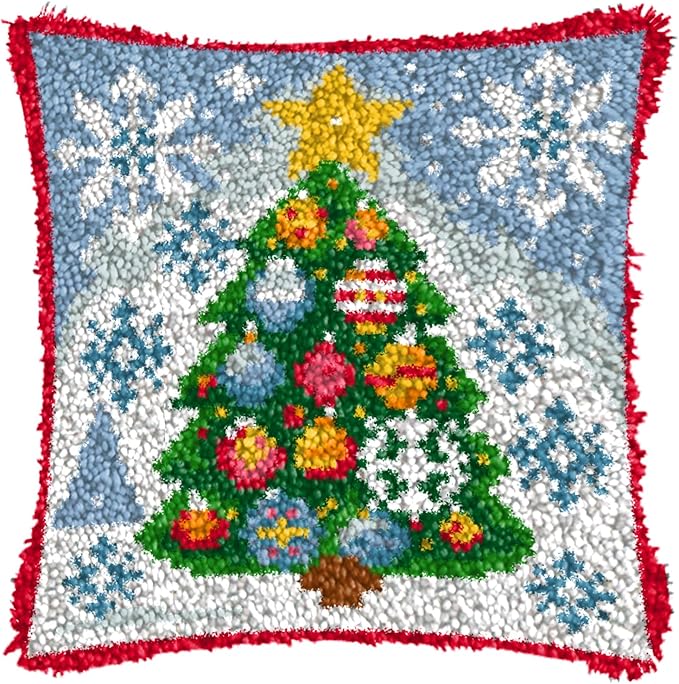 LAPATAIN Latch Hook Kits for Adults,Christmas Tree Pattern Color Printed Canvas DIY Throw Pillow Cover,Beginners Handmade Needlework Crafts Home Decoration 17x17inch