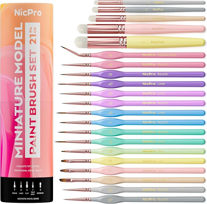 Nicpro 21PCS Fine Detail Paint Brush Drybrush Set, Aesthetic Pastel Fine Tip Miniature Paint Brushes for Acrylic Oil Watercolor, Crafts, 40K Models, Miniatures, Rock Painting, Paint by Numbers