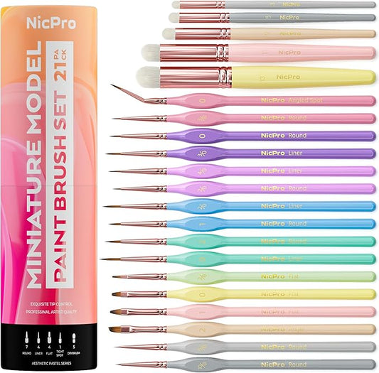 Nicpro 21PCS Fine Detail Paint Brush Drybrush Set, Aesthetic Pastel Fine Tip Miniature Paint Brushes for Acrylic Oil Watercolor, Crafts, 40K Models, Miniatures, Rock Painting, Paint by Numbers